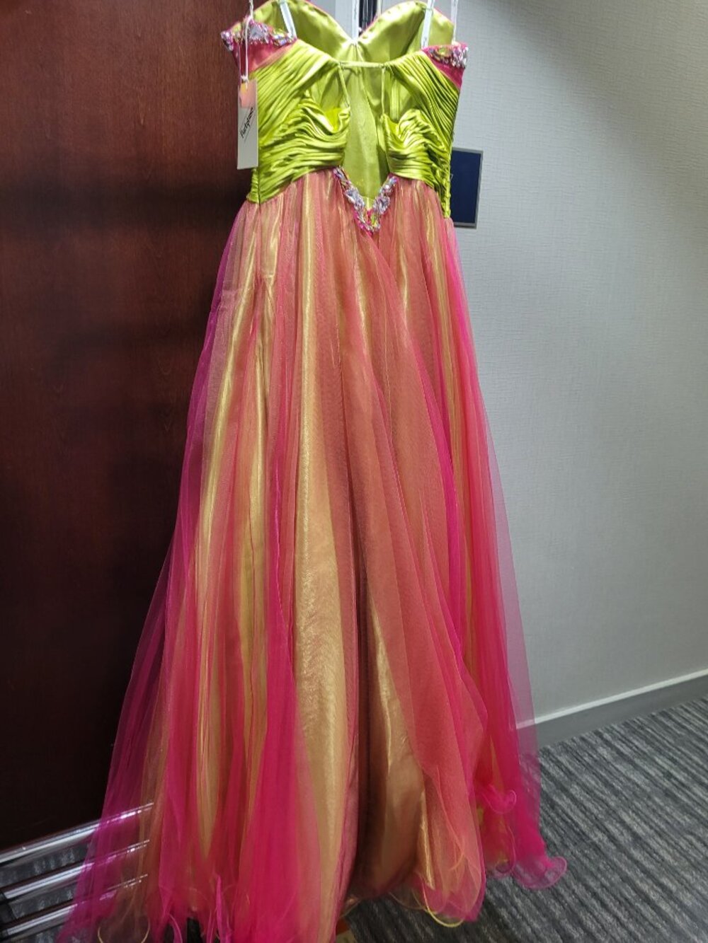 Party Time Formals/Rachel Allen 6734 Size 4 Pink Lime Green Dress - Picture 4 of 4